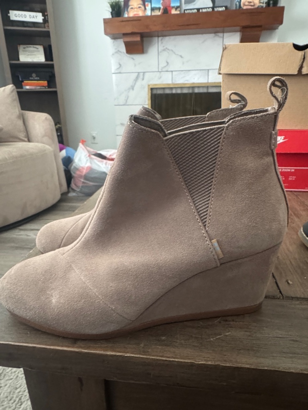 Toms Taupe Suede Wedge Booties